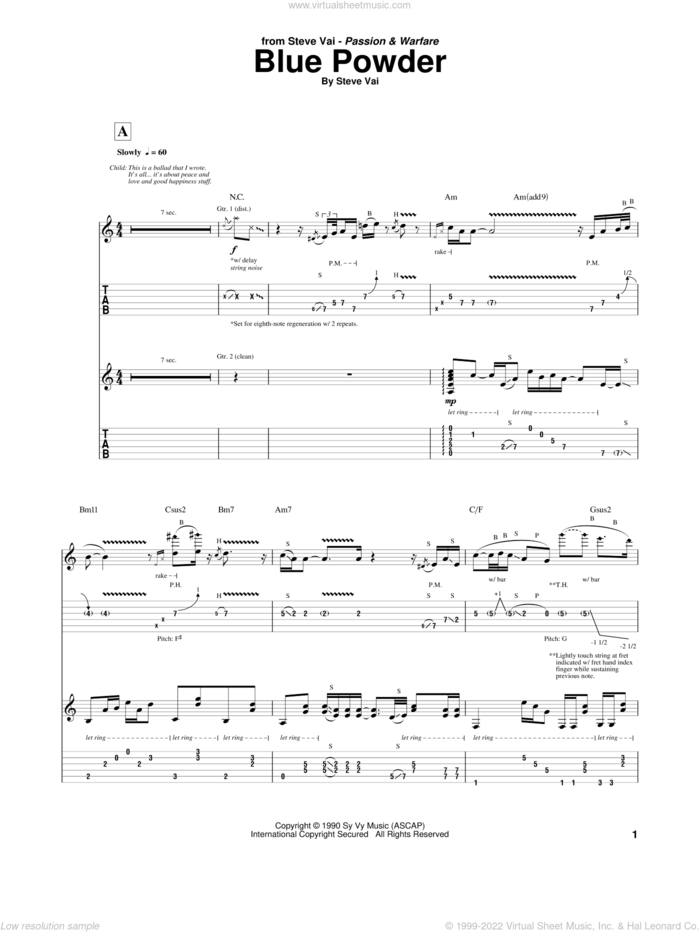 Blue Powder sheet music for guitar (tablature) by Steve Vai, intermediate skill level