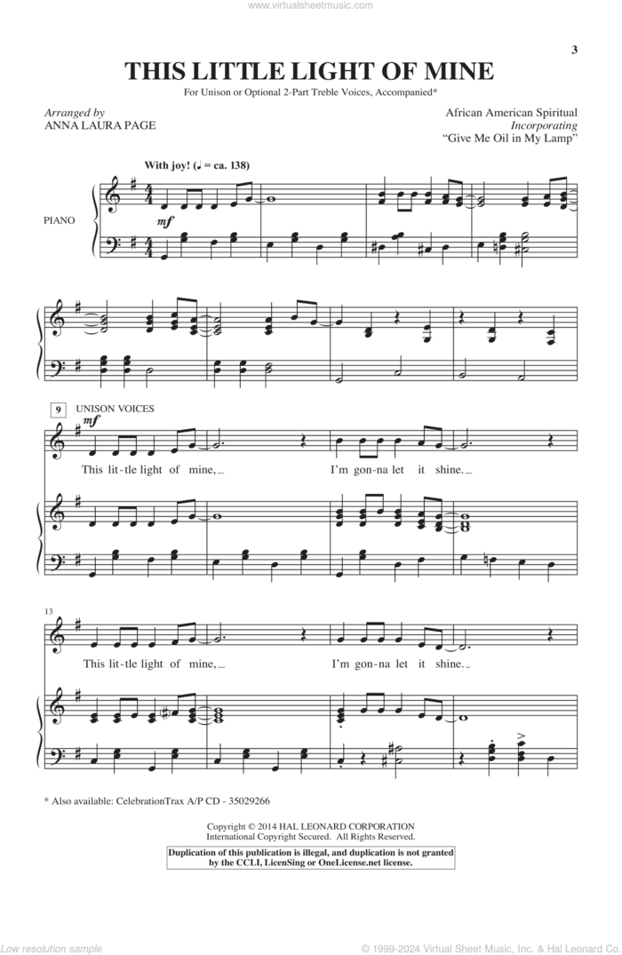 Give Me Oil In My Lamp (arr. Anna Laura Page) sheet music for choir (2-Part) by Anna Laura Page and Miscellaneous, intermediate duet