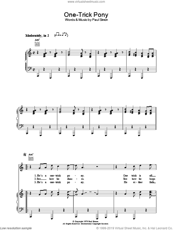One-Trick Pony sheet music for voice, piano or guitar by Paul Simon, intermediate skill level
