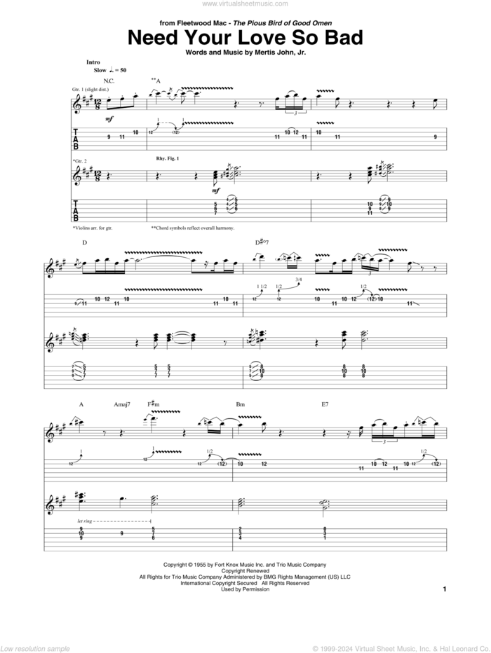 Need Your Love So Bad sheet music for guitar (tablature) by Fleetwood Mac and John Mertis, Jr., intermediate skill level