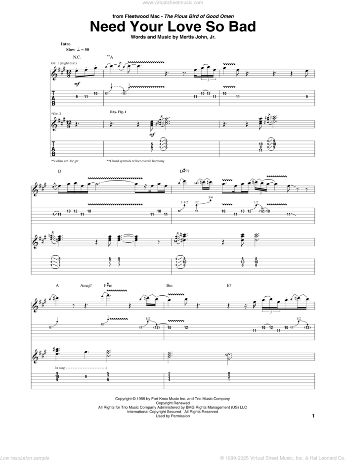 Need Your Love So Bad sheet music for guitar (tablature) by Fleetwood Mac and John Mertis, Jr., intermediate skill level