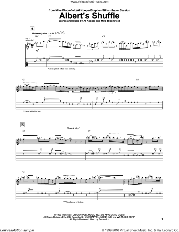 Albert's Shuffle sheet music for guitar (tablature) by Al Kooper & Mike Bloomfield, Al Kooper and Mike Bloomfield, intermediate skill level