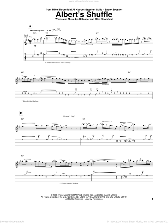 Albert's Shuffle sheet music for guitar (tablature) by Al Kooper & Mike Bloomfield, Al Kooper and Mike Bloomfield, intermediate skill level