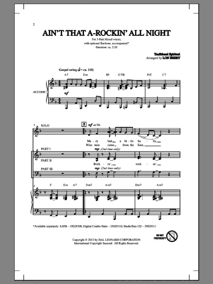 Ain't That A-Rockin' All Night sheet music for choir (3-Part Mixed) by Lon Beery and Miscellaneous, intermediate skill level