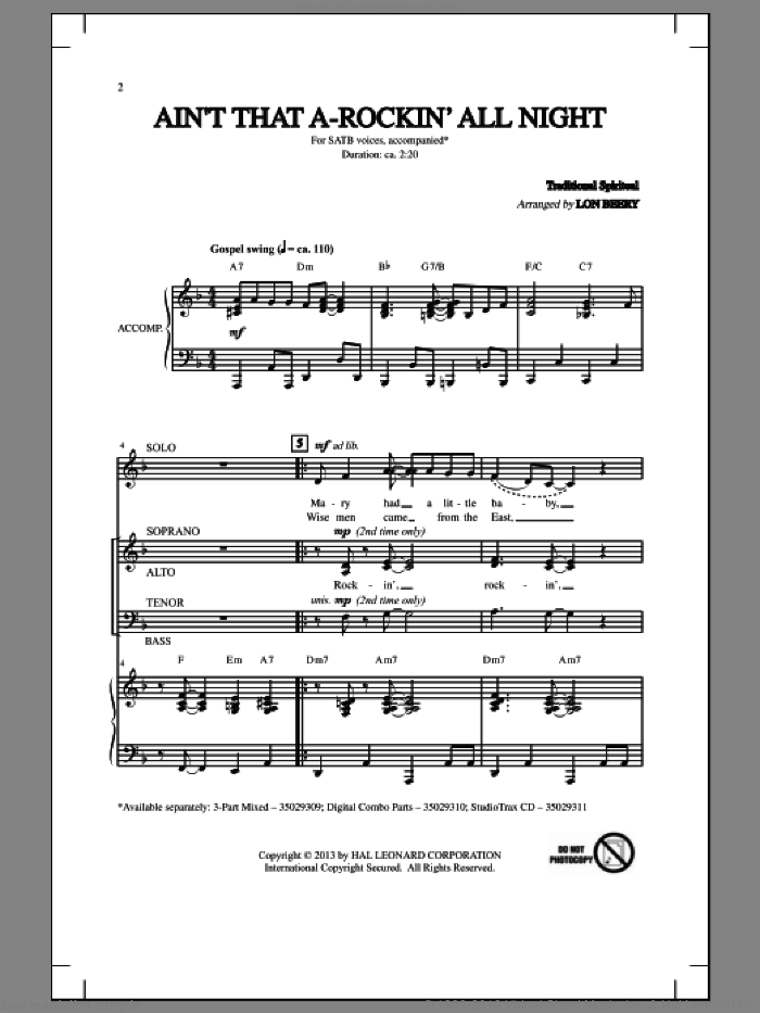 Ain't That A-Rockin' All Night sheet music for choir (SATB: soprano, alto, tenor, bass) by Lon Beery and Miscellaneous, intermediate skill level