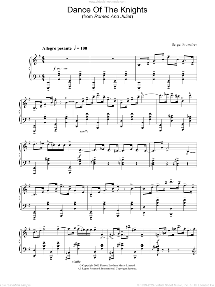 Dance Of The Knights (from Romeo And Juliet) sheet music for piano solo by Sergei Prokofiev, classical score, intermediate skill level