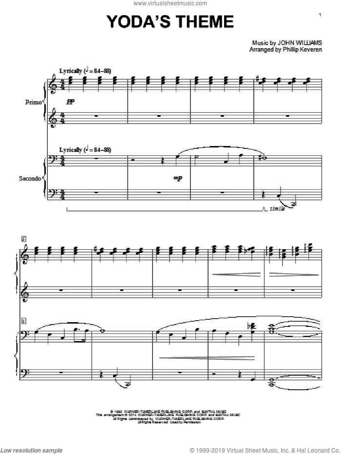 Yoda's Theme (from Star Wars: The Empire Strikes Back) (arr. Phillip Keveren) sheet music for piano four hands by John Williams and Phillip Keveren, classical score, intermediate skill level