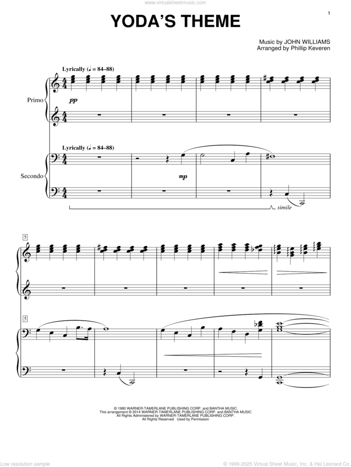 Yoda's Theme (from Star Wars: The Empire Strikes Back) (arr. Phillip Keveren) sheet music for piano four hands by John Williams and Phillip Keveren, classical score, intermediate skill level