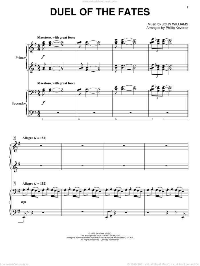Duel Of The Fates (from Star Wars: The Phantom Menace) (arr. Phillip Keveren) sheet music for piano four hands by John Williams and Phillip Keveren, classical score, intermediate skill level