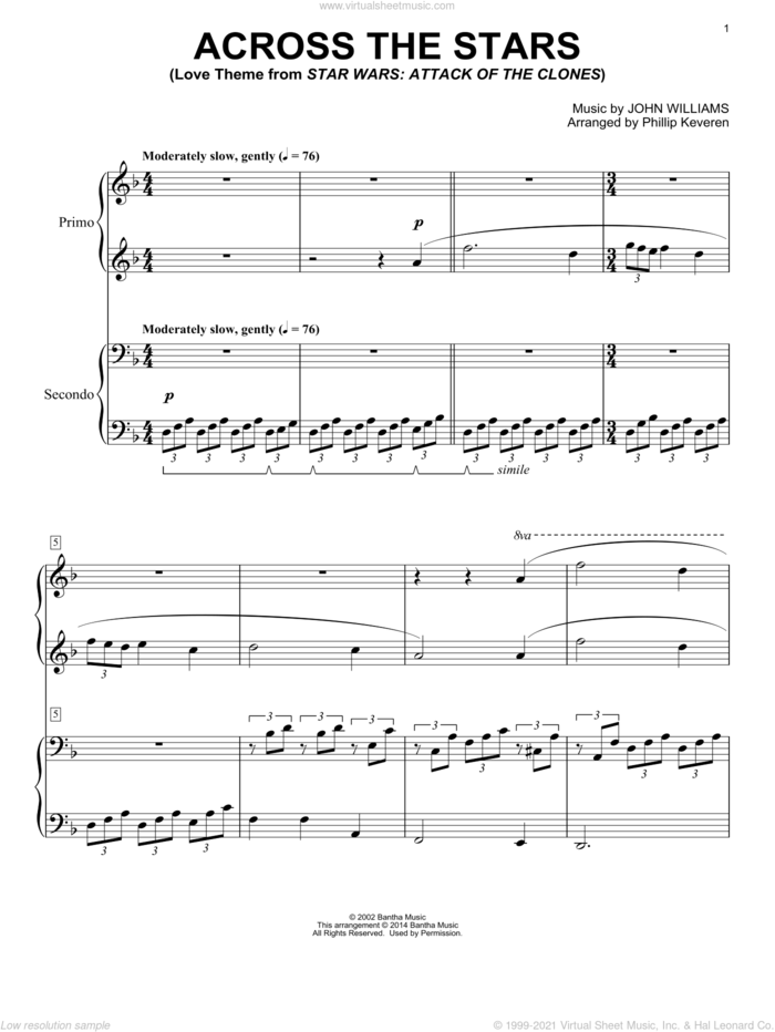 Across The Stars (from Star Wars: Attack of the Clones) (arr. Phillip Keveren) sheet music for piano four hands by John Williams and Phillip Keveren, classical score, intermediate skill level