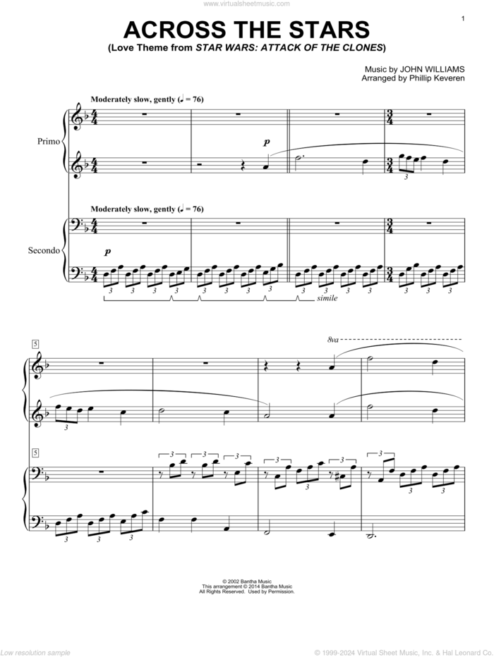 Across The Stars (from Star Wars: Attack of the Clones) (arr. Phillip Keveren) sheet music for piano four hands by John Williams and Phillip Keveren, classical score, intermediate skill level