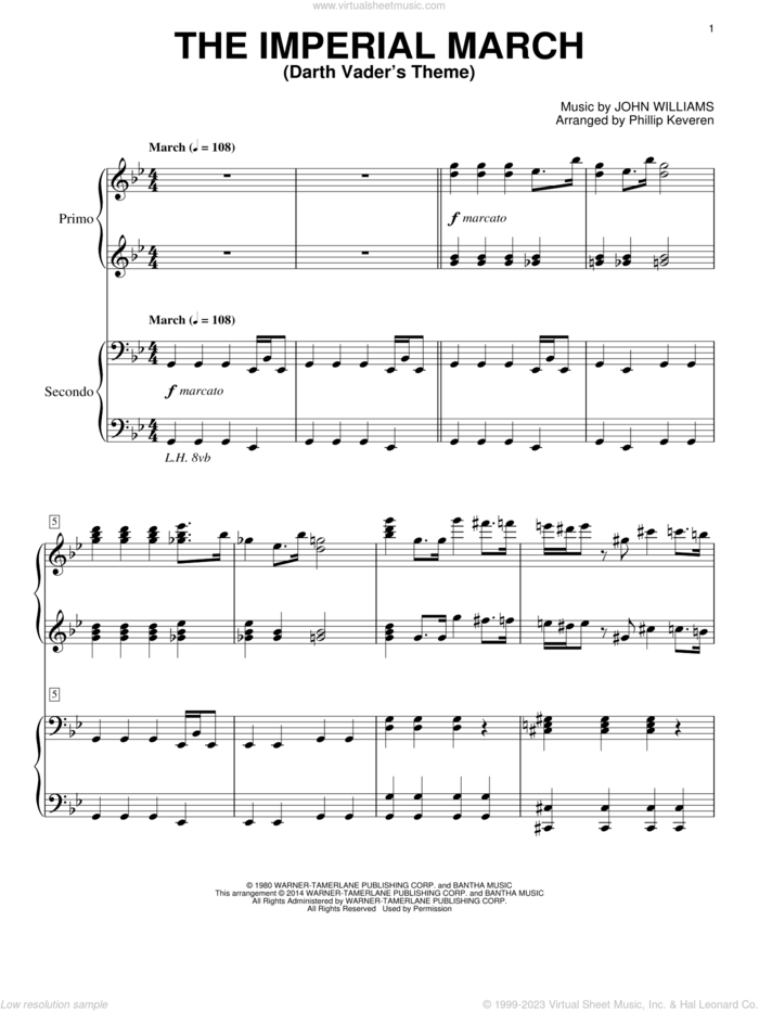 The Imperial March (Darth Vader's Theme) (arr. Phillip Keveren) sheet music for piano four hands by John Williams and Phillip Keveren, classical score, intermediate skill level