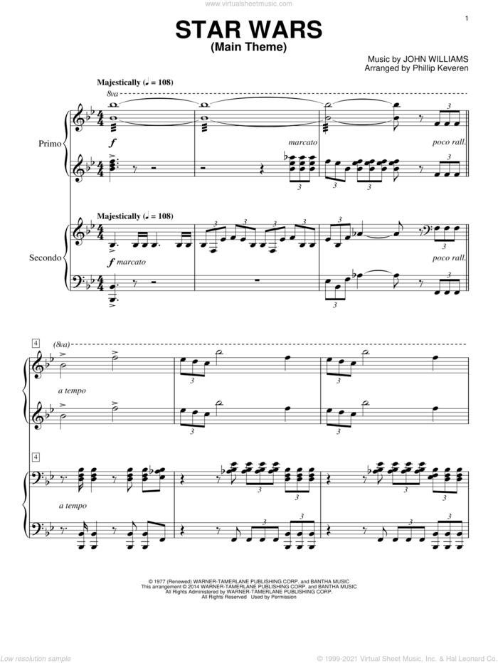 Star Wars (Main Theme) (arr. Phillip Keveren) sheet music for piano four hands by John Williams and Phillip Keveren, classical score, intermediate skill level