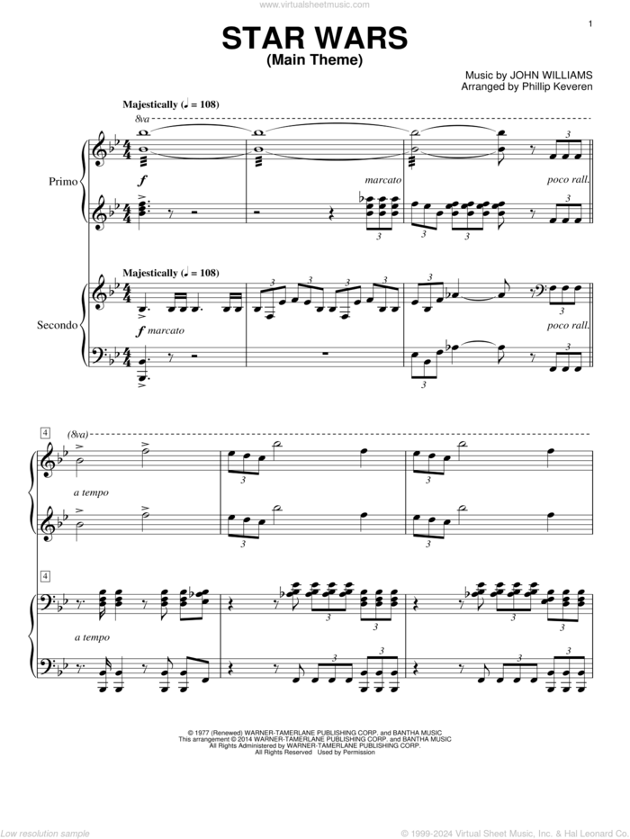 Star Wars (Main Theme) (arr. Phillip Keveren) sheet music for piano four hands by John Williams and Phillip Keveren, classical score, intermediate skill level