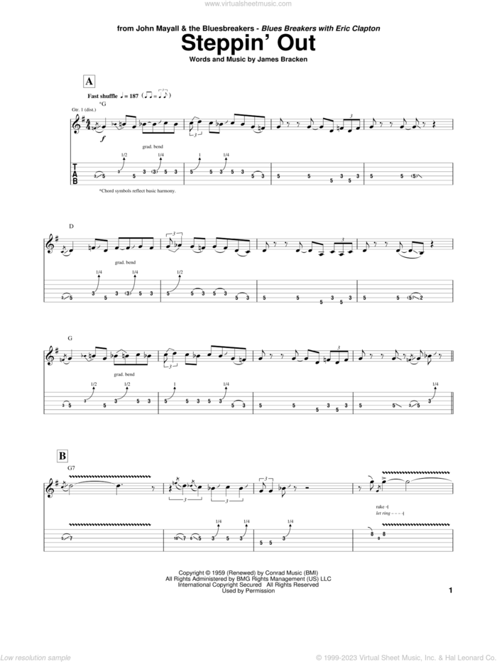 Steppin' Out sheet music for guitar (tablature) by Eric Clapton, Blues Breaker and James Bracken, intermediate skill level