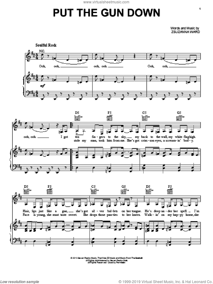 Put The Gun Down sheet music for voice, piano or guitar by ZZ Ward and Zsuzanna Ward, intermediate skill level