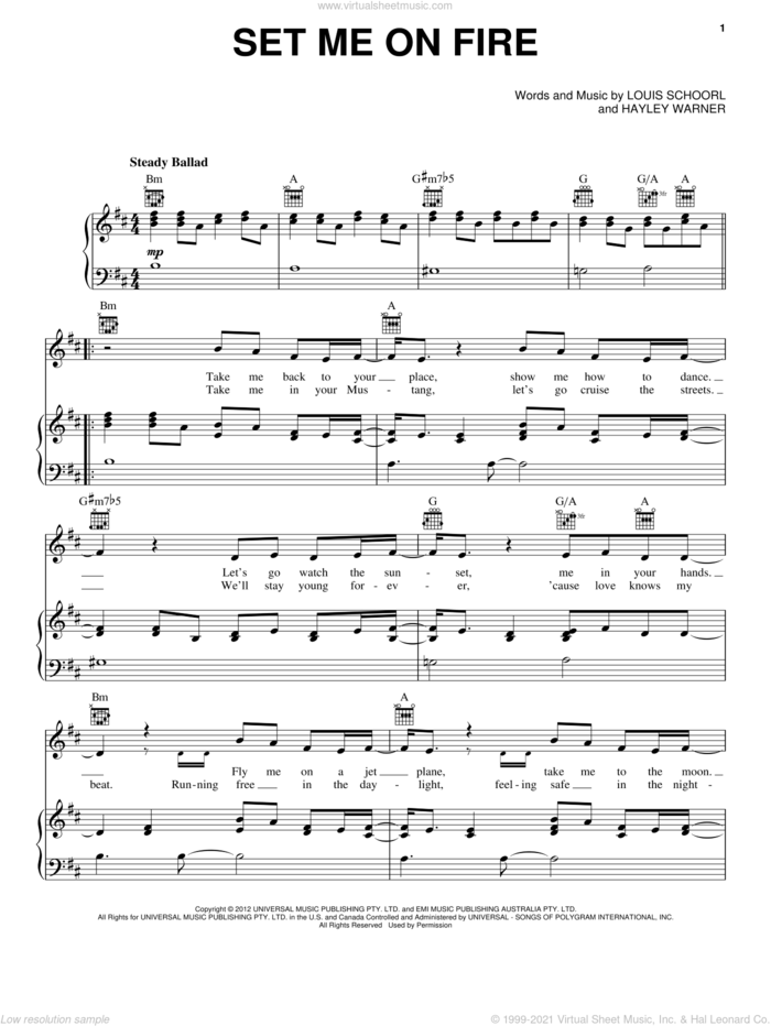 Set Me On Fire sheet music for voice, piano or guitar by Bella Ferraro, Hayley Warner and Louis Schoorl, intermediate skill level
