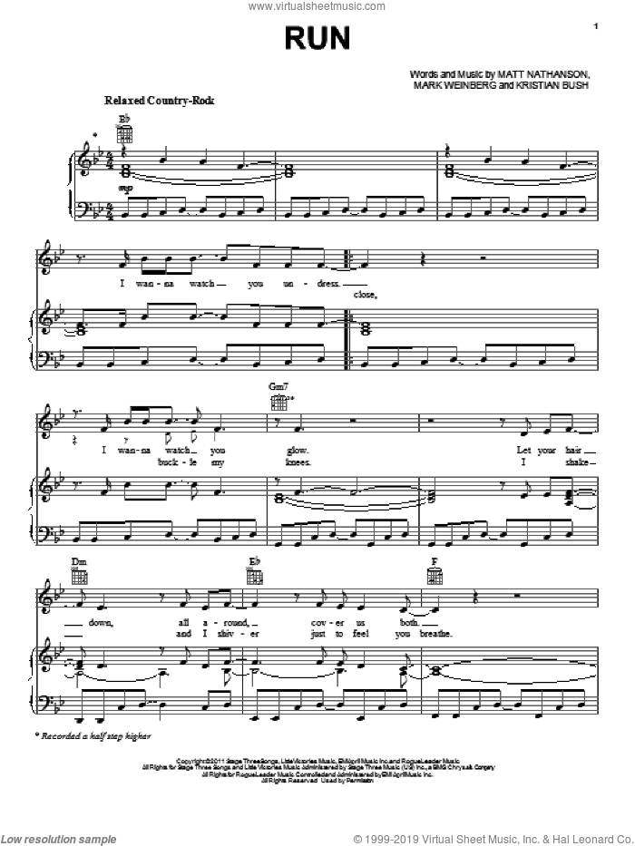 Run sheet music for voice, piano or guitar by Matt Nathanson, intermediate skill level