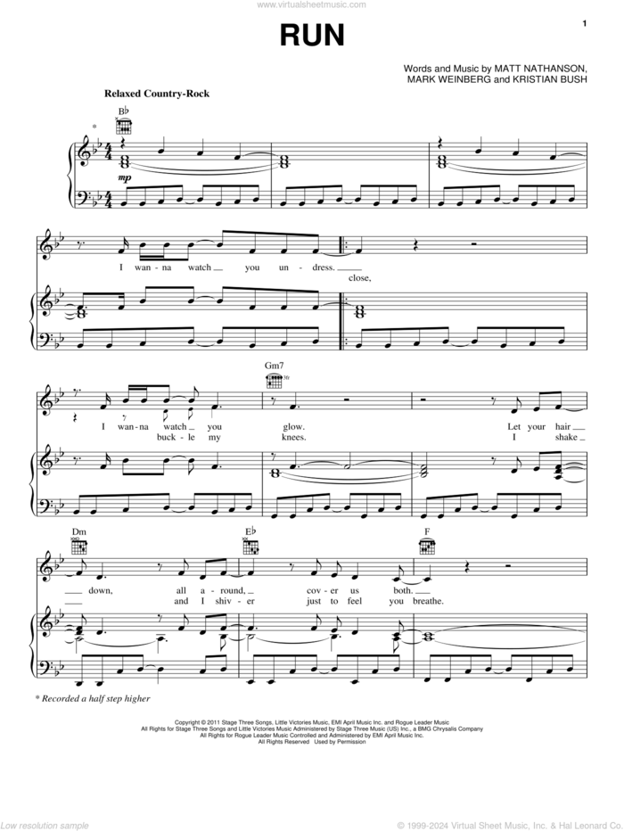 Run sheet music for voice, piano or guitar by Matt Nathanson, intermediate skill level