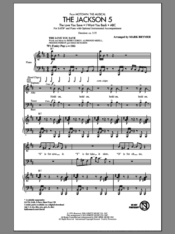 The Jackson 5 (from Motown the Musical) sheet music for choir (SATB: soprano, alto, tenor, bass) by Mark Brymer and Jackson 5, intermediate skill level