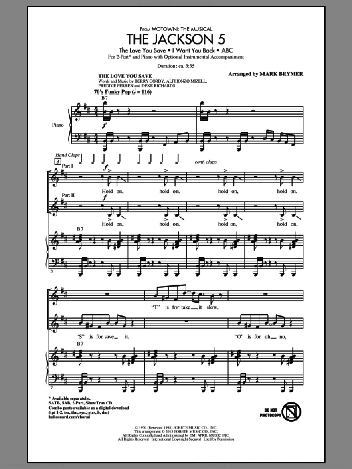 The Jackson 5 (from Motown the Musical) sheet music for choir (2-Part) by Mark Brymer and Jackson 5, intermediate duet