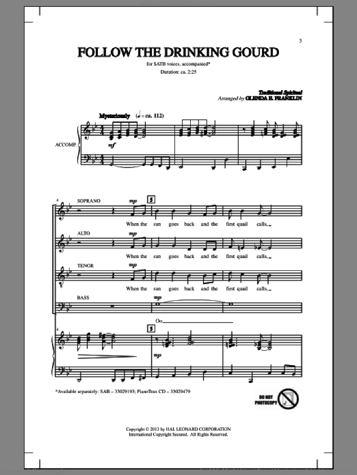 Follow The Drinkin' Gourd sheet music for choir (SATB: soprano, alto, tenor, bass) by Glenda E. Franklin, intermediate skill level
