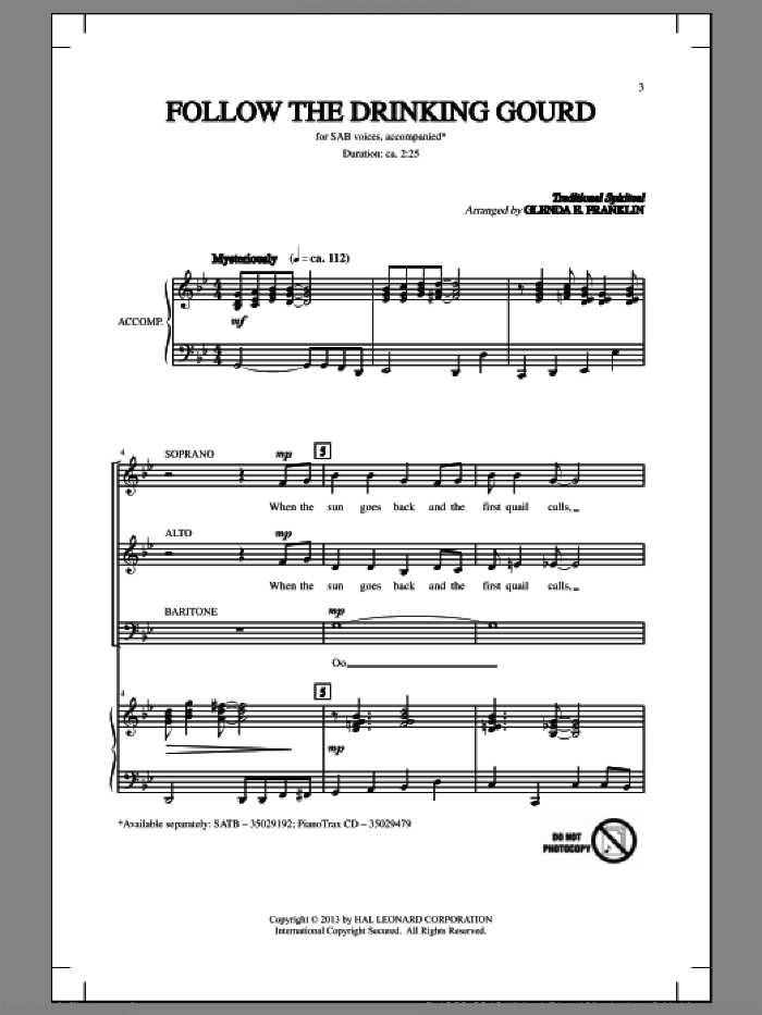 Follow The Drinkin' Gourd sheet music for choir (SAB: soprano, alto, bass) by Glenda E. Franklin, intermediate skill level