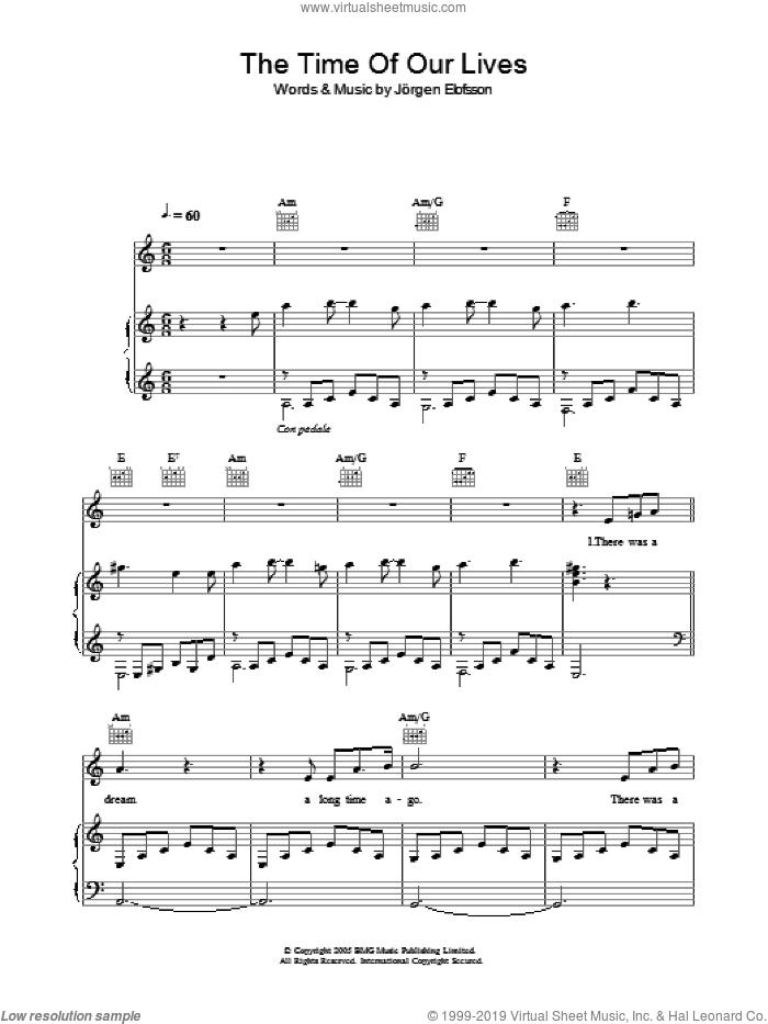 The Time Of Our Lives sheet music for voice, piano or guitar by Il Divo and Jorgen Elofsson, intermediate skill level