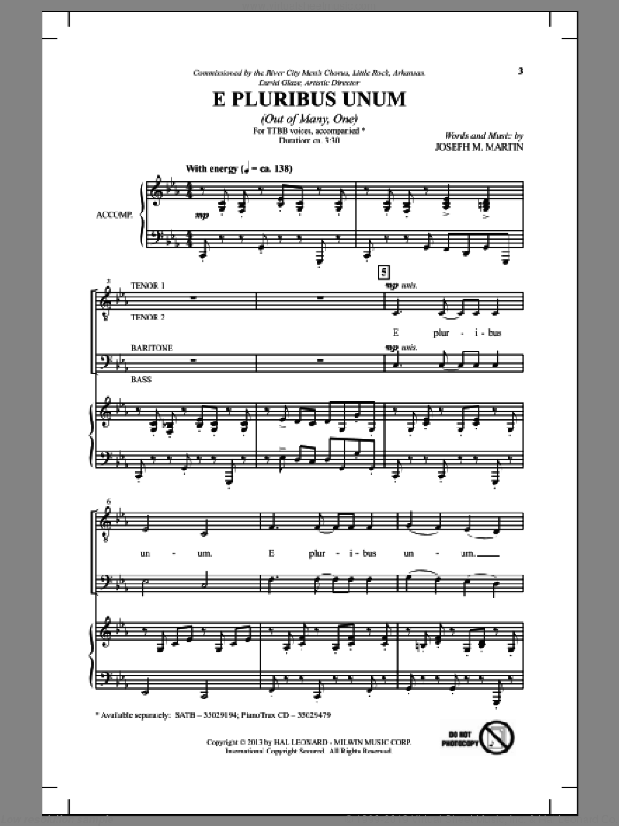 E Pluribus Unum sheet music for choir (TTBB: tenor, bass) by Joseph M. Martin and Joseph  M. Martin, intermediate skill level