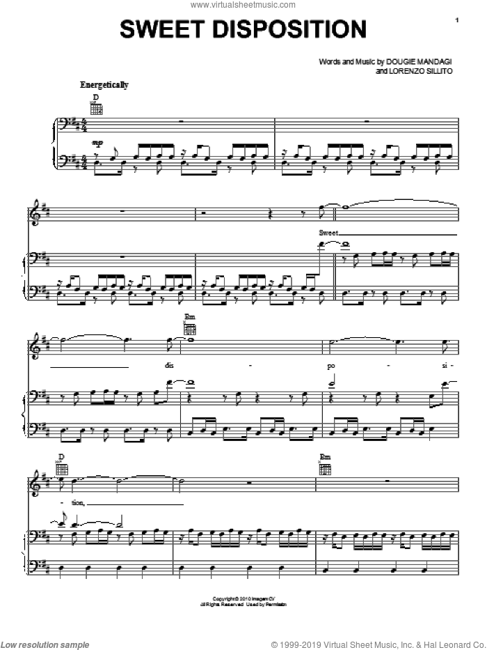 Sweet Disposition sheet music for voice, piano or guitar by The Temper Trap, intermediate skill level