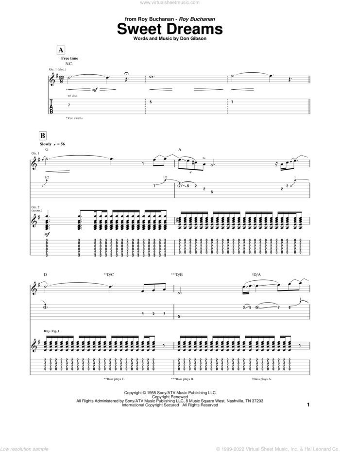Sweet Dreams sheet music for guitar (tablature) by Roy Buchanan, Don Gibson, Emmylou Harris and Patsy Cline, intermediate skill level