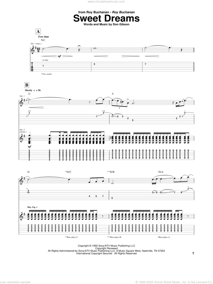 Sweet Dreams sheet music for guitar (tablature) by Roy Buchanan, Don Gibson, Emmylou Harris and Patsy Cline, intermediate skill level