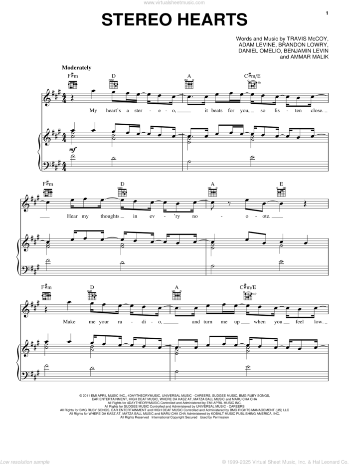Stereo Hearts (feat. Adam Levine) sheet music for voice, piano or guitar by Gym Class Heroes featuring Adam Levine, Gym Class Heroes and Adam Levine, intermediate skill level