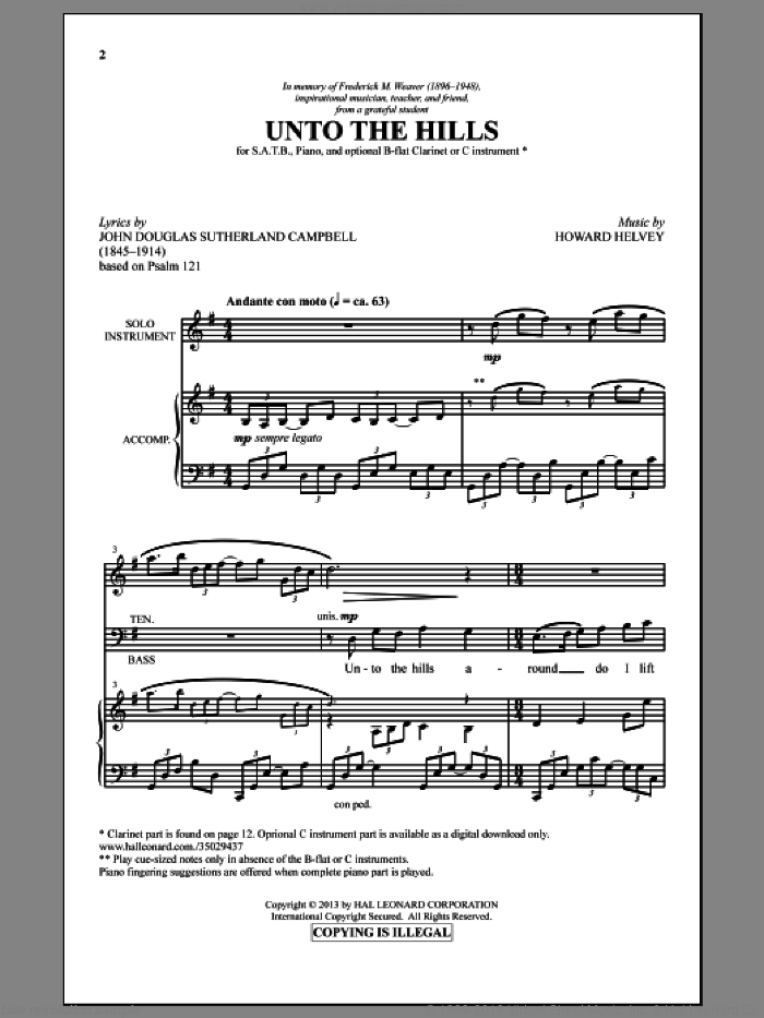 Unto The Hills sheet music for choir (SATB: soprano, alto, tenor, bass) by Howard Helvey, intermediate skill level