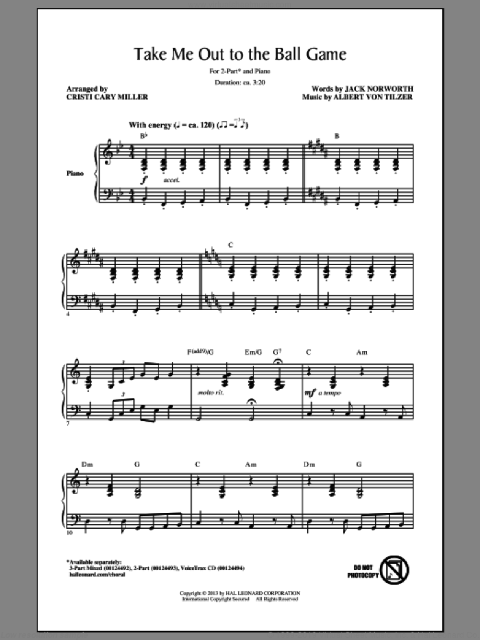 Take Me Out To The Ball Game sheet music for choir (2-Part) by Cristi Cary Miller, Albert von Tilzer and Jack Norworth, intermediate duet