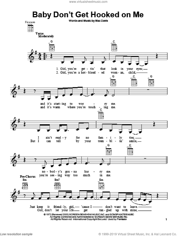 Baby Don't Get Hooked On Me sheet music for ukulele by Mac Davis, intermediate skill level