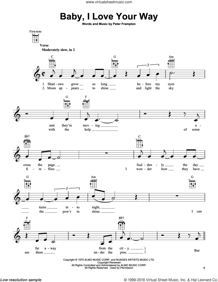 Baby, I Love Your Way sheet music for ukulele by Peter Frampton, intermediate skill level