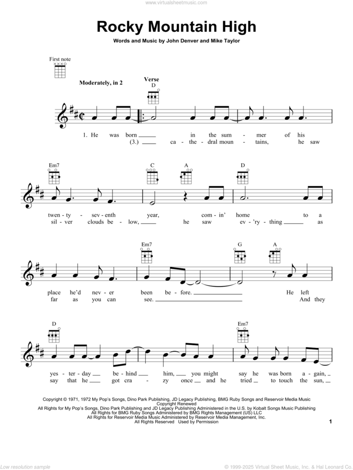 Rocky Mountain High (from The Daily Ukulele) sheet music for ukulele by John Denver, intermediate skill level