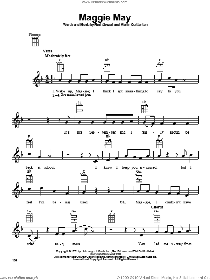 Maggie May sheet music for ukulele by Rod Stewart, intermediate skill level