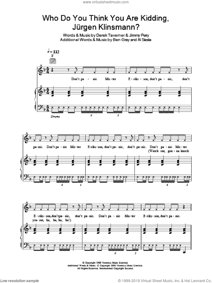 Who Do You Think You Are Kidding, Jurgen Klinsmann? sheet music for voice, piano or guitar by Tonedef Allstars, Derek Taverner and Jimmy Perry, intermediate skill level