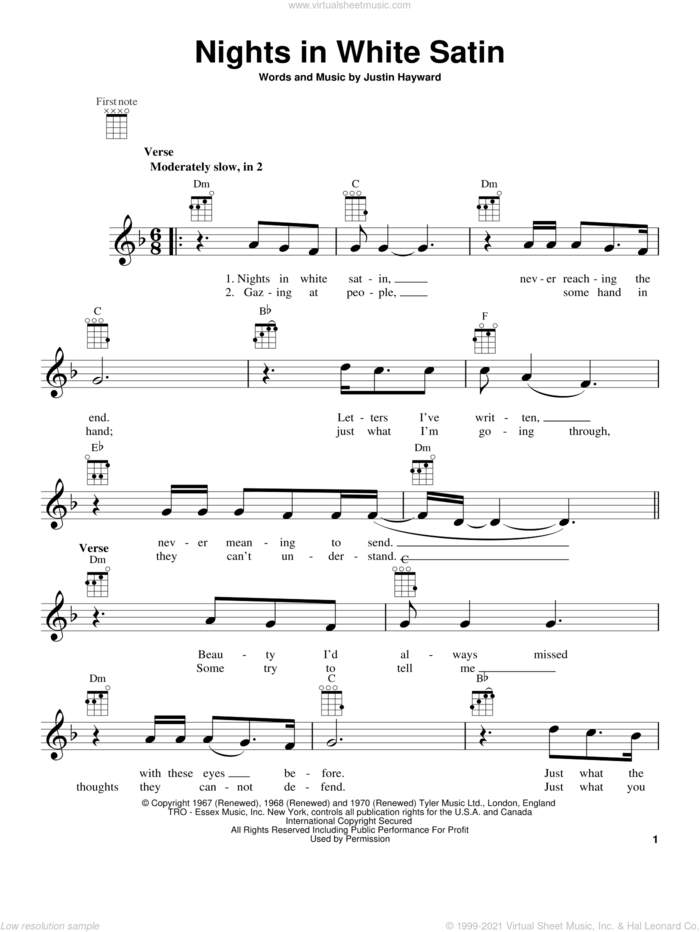 Nights In White Satin sheet music for ukulele by The Moody Blues, intermediate skill level