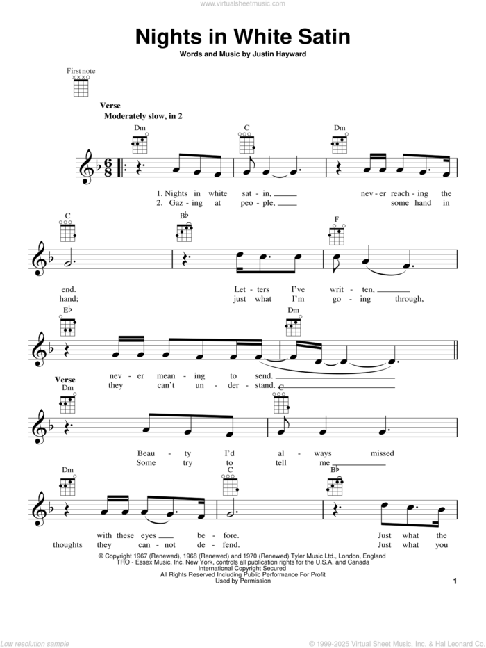 Nights In White Satin sheet music for ukulele by The Moody Blues, intermediate skill level