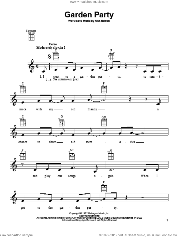 Garden Party sheet music for ukulele by Ricky Nelson, intermediate skill level