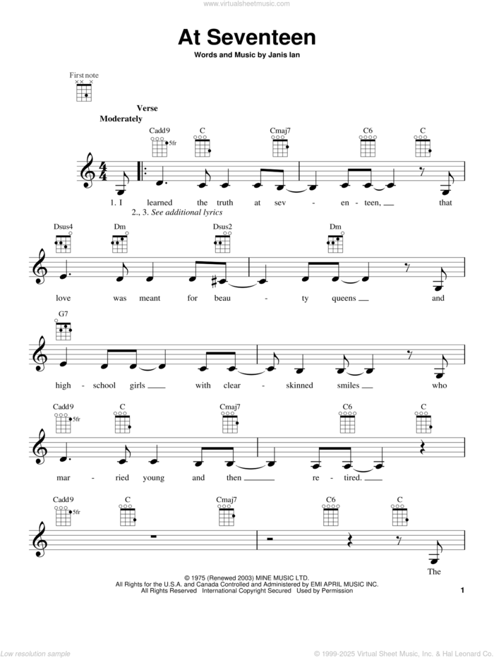 At Seventeen sheet music for ukulele by Janis Ian, intermediate skill level