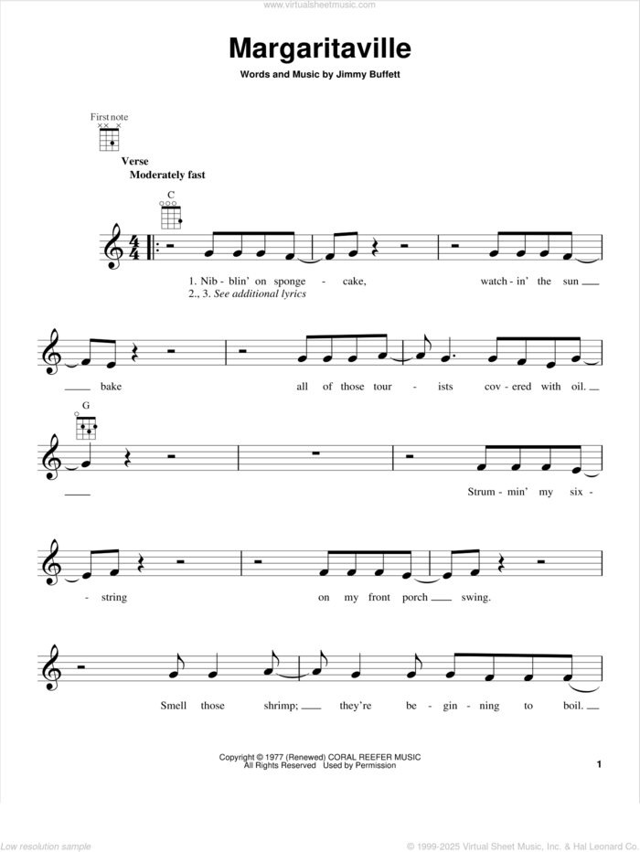 Margaritaville (from The Daily Ukulele) sheet music for ukulele by Jimmy Buffett, intermediate skill level