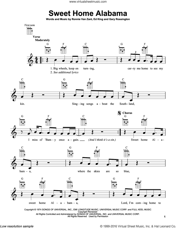 Sweet Home Alabama sheet music for ukulele by Lynyrd Skynyrd, intermediate skill level