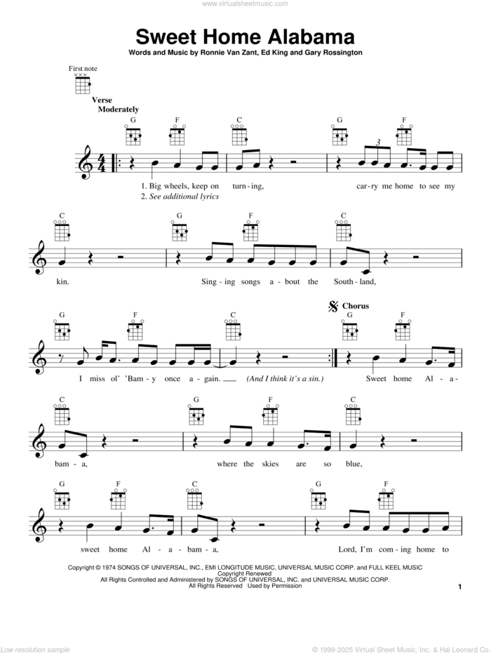 Sweet Home Alabama sheet music for ukulele by Lynyrd Skynyrd, intermediate skill level