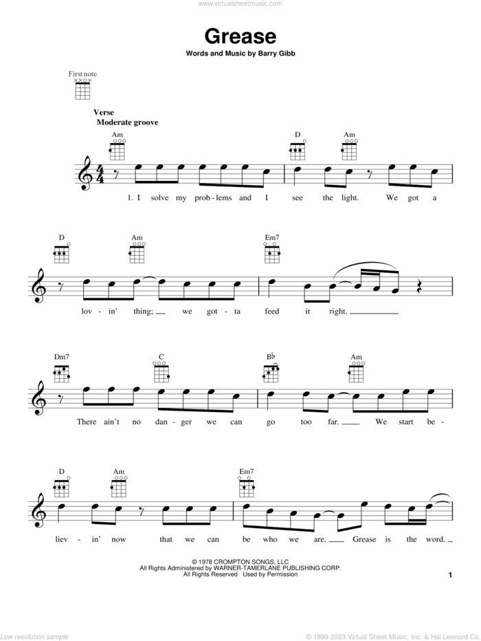 Grease sheet music for ukulele by Frankie Valli and Barry Gibb, intermediate skill level