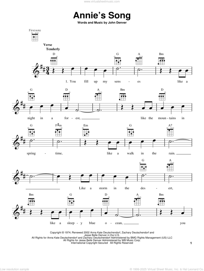 Annie's Song sheet music for ukulele by John Denver, intermediate skill level