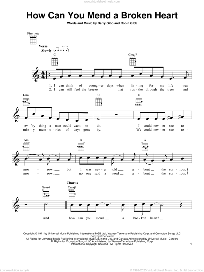 How Can You Mend A Broken Heart sheet music for ukulele by Barry Gibb, Bee Gees and Robin Gibb, intermediate skill level